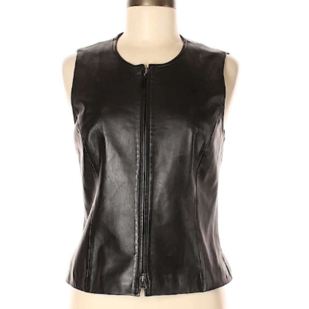 Talbots Black Leather Sleeveless Zip Vest